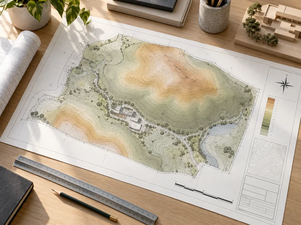 Conceptual architectural topographic plan with contour lines, elevation colours and a scale bar