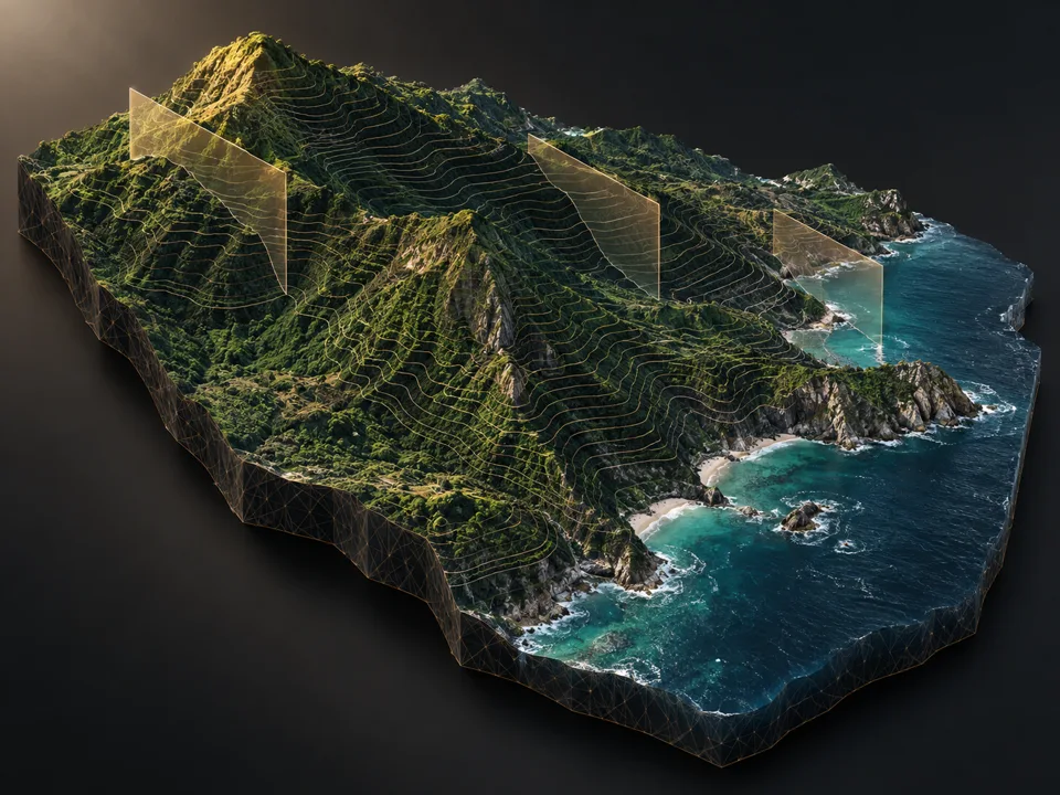Conceptual oblique 3D terrain model of a coastal site with contour and mesh overlays