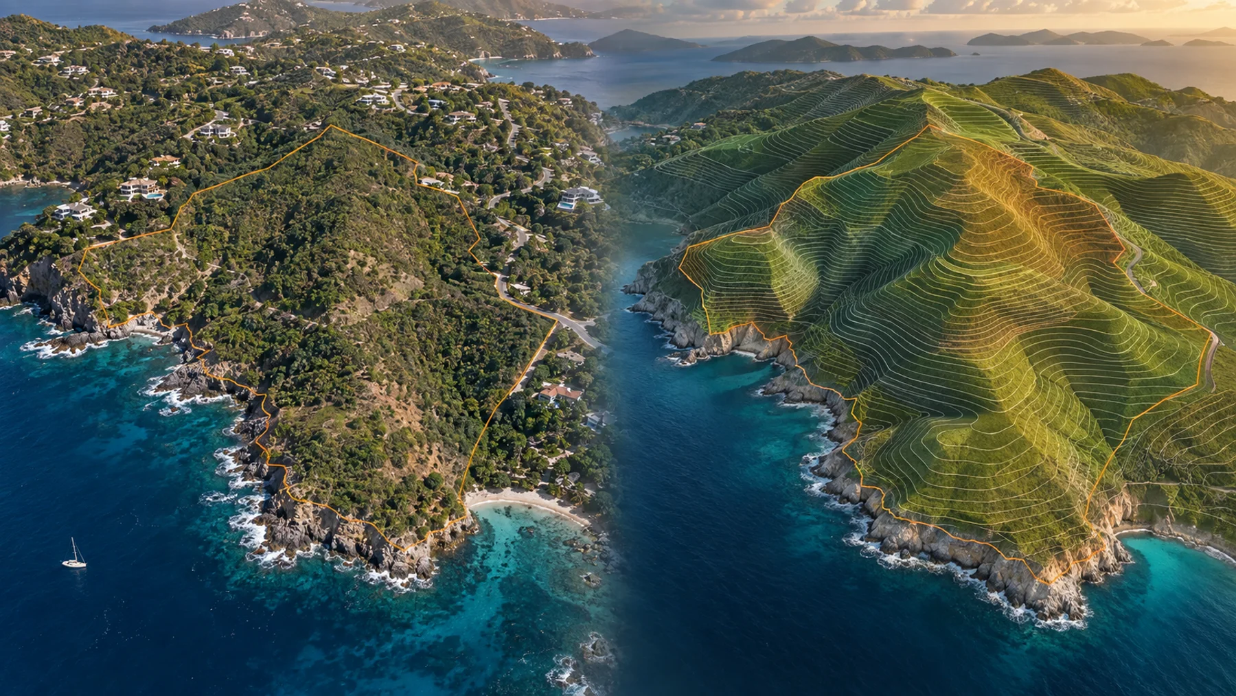 Conceptual aerial-to-terrain transformation of a coastal hillside site